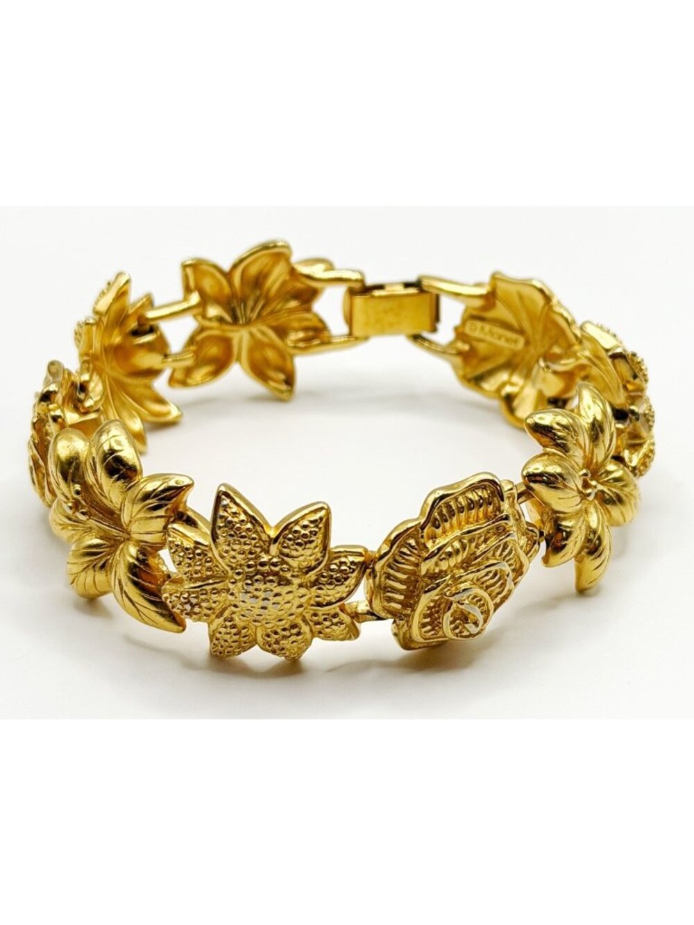 Vintage Monet Gold Plated Flowers Bracelet 7.5” Rose,‎ Lily, Sunflower